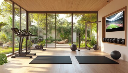 Luxury home gym with garden view, TV, workout