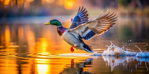 Majestic Duck Taking Flight at Dusk: Calm Lake Reflections
