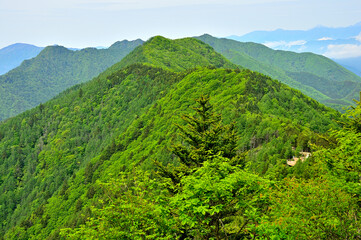 Obraz premium 新緑の御坂山地 破風山より左から毛無山、十二ヶ岳、雪頭ヶ岳、鬼ヶ岳、中藤山、節刀ヶ岳 