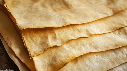 Close-up of delicate, translucent parchment sheets with a warm, golden hue, showcasing their texture and layers.