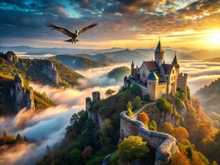 Fototapeta premium Majestic Fantasy Castle Perched on a Dramatic Clifftop with Enigmatic Creature