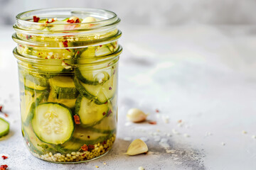 Jar of Homemade Pickled Mini Cucumbers Infused with Fiery Chili Peppers and Garlic on Grey Concrete Background, Copy Space