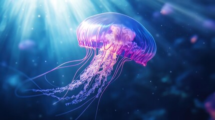 A vibrant purple jellyfish gracefully floats underwater, illuminated by soft sunlight filtering through the ocean's surface, creating a mesmerizing scene.