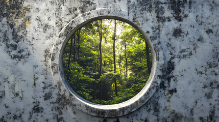 Circular hole in a weathered concrete wall revealing a forest. Chasm of the Forgotten. Illustration