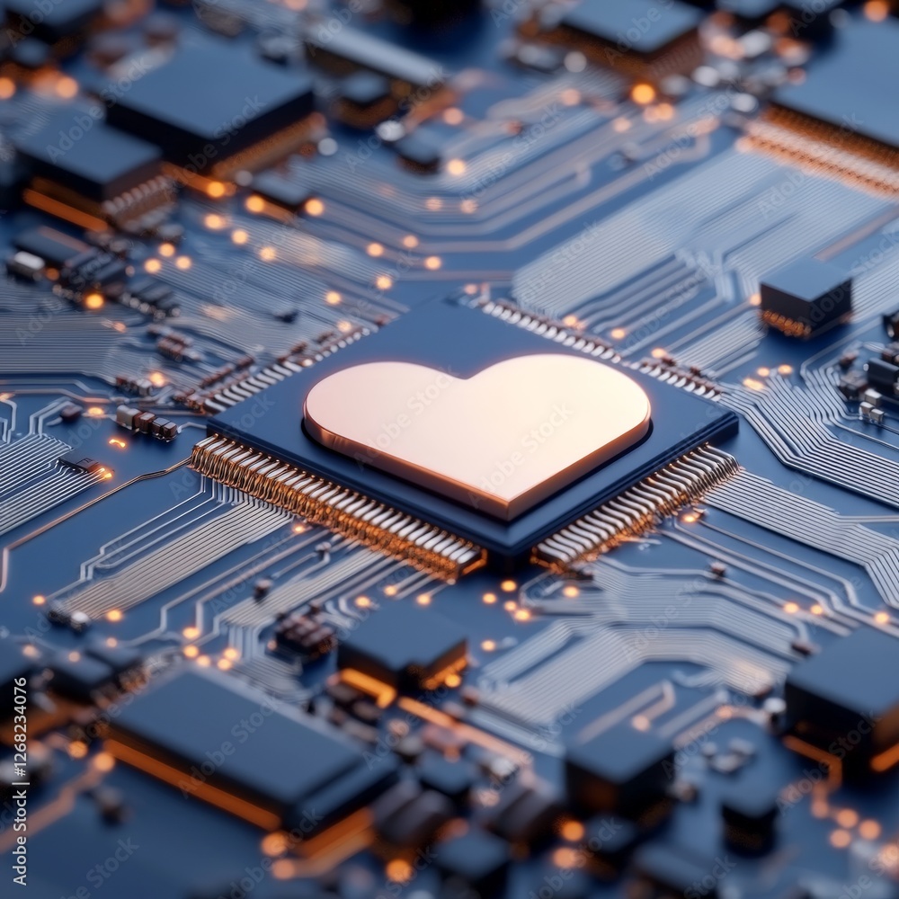 Aufkleber heart-shaped microchip on futuristic circuit board with blue lighting representing artificial intell