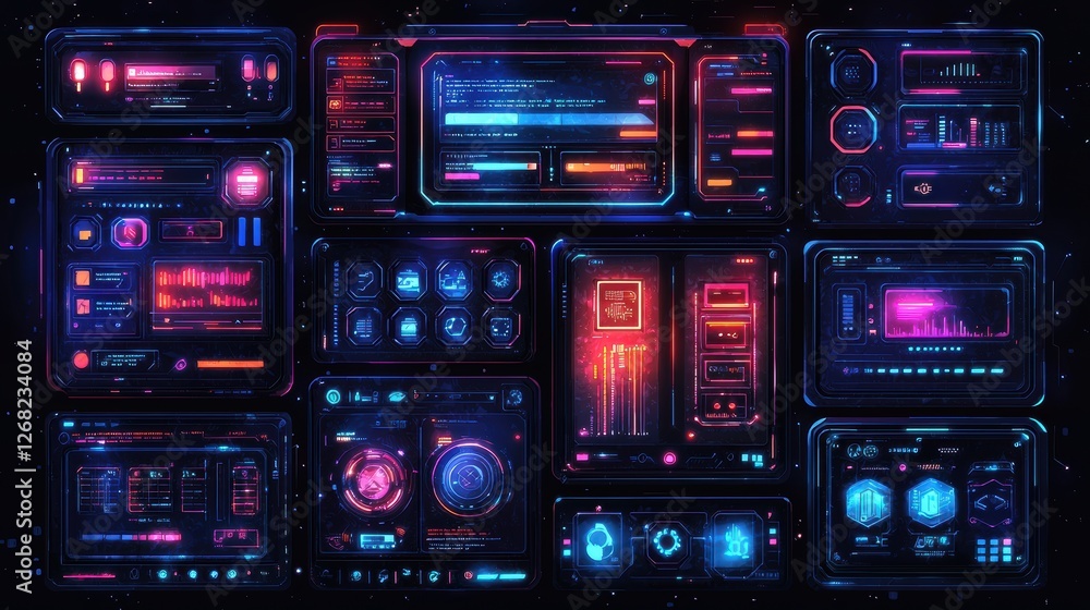 Poster futuristic digital interface with vibrant neon elements and data displays.