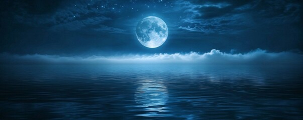 Full moon over calm ocean at night; starry sky