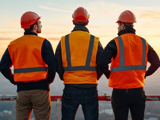 Three construction workers in safety vests standing at sunset overlooking city skyline symbolizing teamwork urban development and industrial progress in modern society