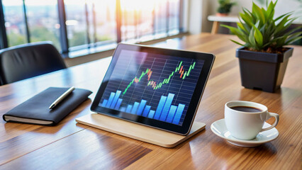 Business Success Tablet Displaying Positive Stock Market Trends