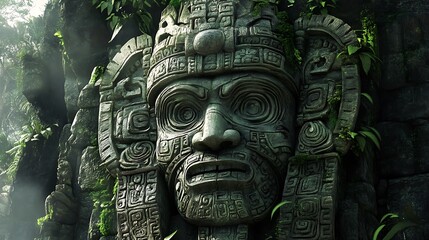 Ancient Mayan Stone Carving Overgrown by Jungle