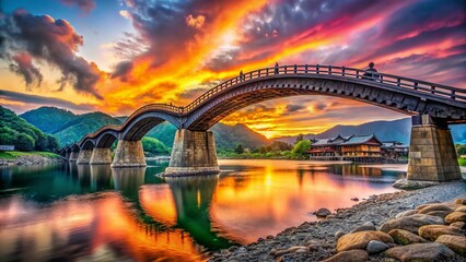 Fototapeta premium Majestic Iwakuni Kintai Bridge at Sunset, Ample Copy Space