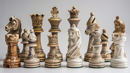 A beautifully crafted chess set featuring intricately designed pieces in contrasting colors on a neutral background