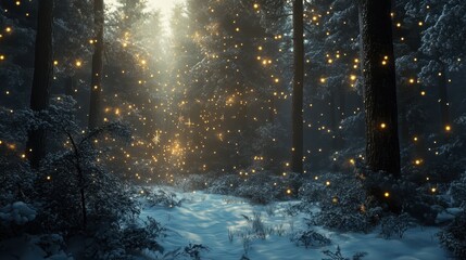 Fototapeta premium A serene winter forest scene bathed in ethereal light, showcasing glimmers reminiscent of fireflies amidst a snow-covered landscape.