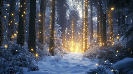 A captivating winter forest scene filled with glowing orbs of light amidst snow-covered trees, creating a magical and serene atmosphere.