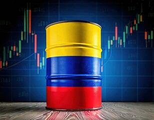 Oil barrel with Colombian flag design in front of financial stock market chart background
