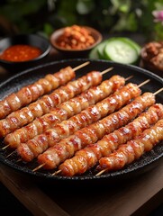 Spicy Grilled Skewers: A tantalizing close-up of sizzling, skewered grilled chicken,  with vibrant chili sauce and other dipping options in the background.