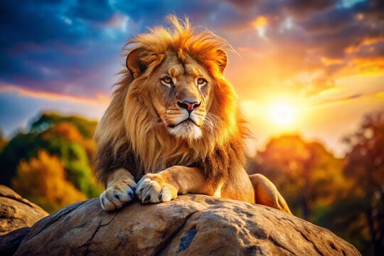Majestic Lion Resting on Rocky Outcrop - Wildlife Photography