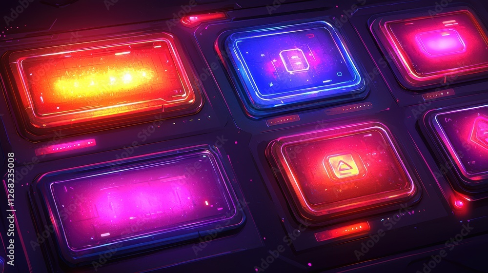 Poster a vibrant, futuristic interface with glowing buttons and controls.