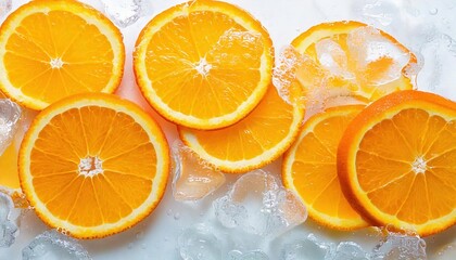 Freshly cut orange slices on ice in a bright kitchen setting