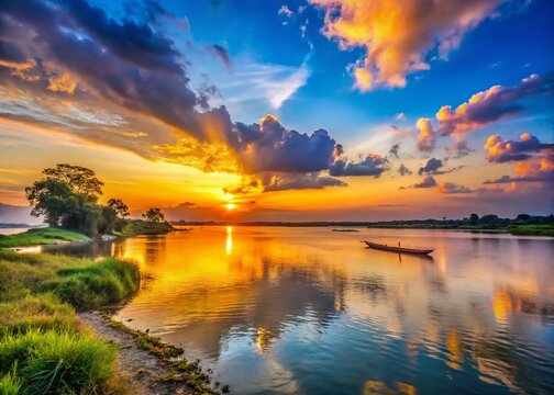 Majestic Majuli Sunset: Panoramic Riverbank View, Assam, India