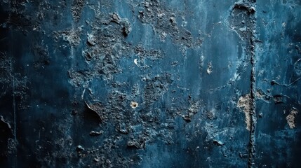 Abstract close-up of a weathered blue wall with peeling paint, showcasing an intricate texture and a sense of depth.