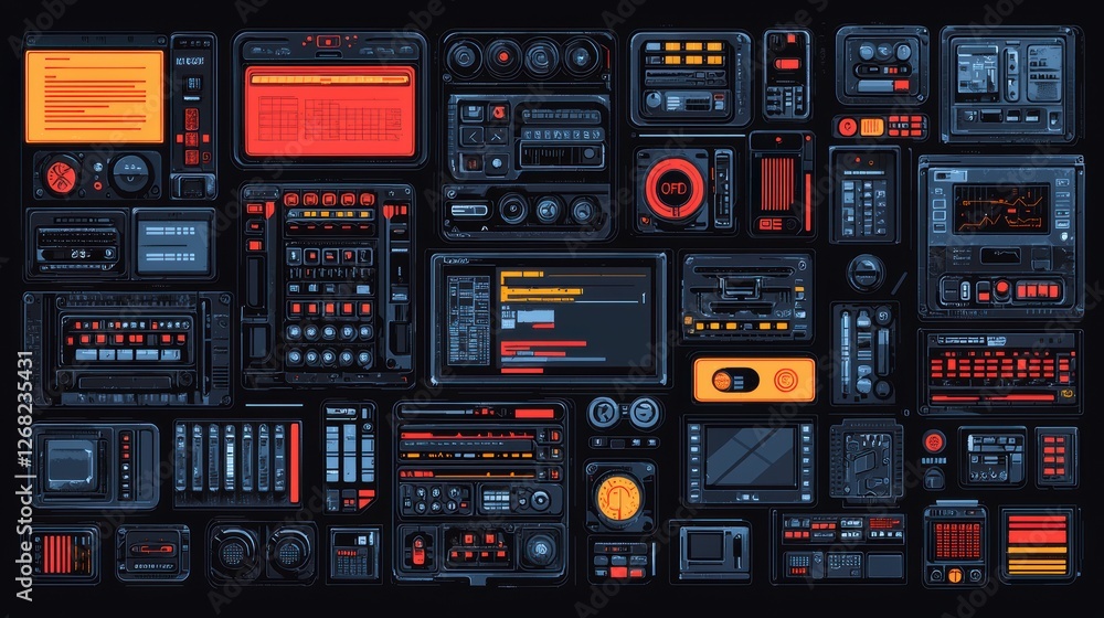 Poster a collection of digital interface panels and controls in a dark theme.