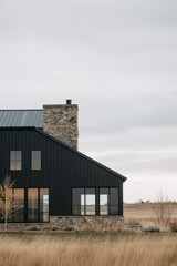 Obraz premium A breathtaking modern black farmhouse, featuring elegant stone accents, stands beautifully against a serene rural backdrop on an overcast day