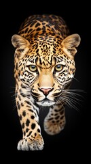 Fierce leopard with piercing gaze against black background symbolizing strength agility and wild nature in dramatic high contrast wildlife portrait