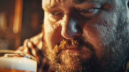 Close-up of a man intently examining a glass of beer in a dimly lit bar, highlighting the beverage's foam and color