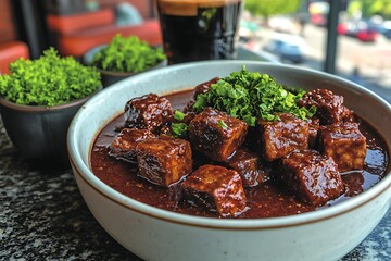 Braised Tofu with Glaze: A close-up of a delicious bowl of braised tofu cubes glazed with a rich, savory sauce and garnished with fresh herbs. The dish sits on a dark granite surface.