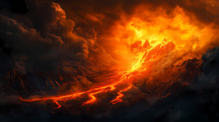 Fototapeta premium Generative ai image of erupting volcano emitting hot orange lava and ash clouds covering dark sky. Molten Sky Lakes. Illustration