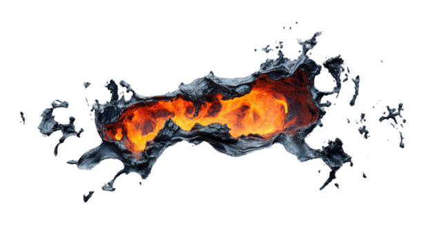 Flowing lava surrounded by cooling igneous rock on transparent background