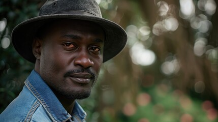 Portrait of a man wearing a hat in a lush outdoor setting with blurred greenery in the background