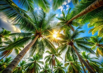 Obraz premium Majestic Palm Trees Viewed from Below: Tropical Paradise Stock Photo