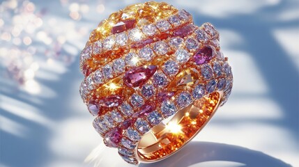 Fototapeta premium A multi-layered gold ring with intricate gemstone patterns sparkling under bright light