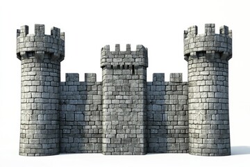 Stone castle wall, towers, isolated, white background, game asset