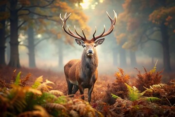 Fototapeta premium Majestic Red Deer Stag in Misty Autumn Forest - Wildlife Photography