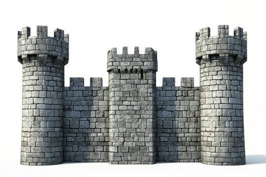 Stone castle wall, towers, isolated, white background, game asset