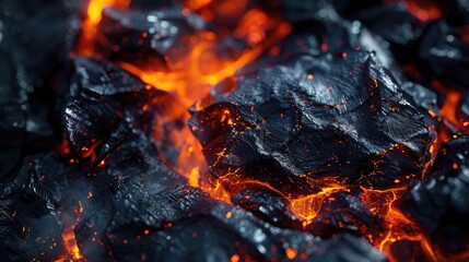 Fototapeta premium Close-up view of glowing molten lava flowing over dark volcanic rocks, showcasing intense heat and dynamic movement