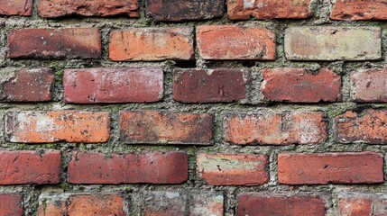 Obraz premium Close-up view of a textured red brick wall featuring various shades of red and brown, showcasing aged and weathered bricks with subtle details.
