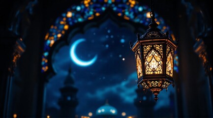 A glowing fanous lantern hangs near a window under the night sky.