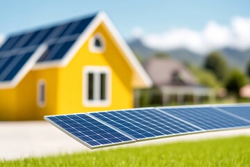 Modern suburban house with solar panels on roof under bright sunlight representing renewable energy eco-friendly housing and sustainable living in a contemporary residential neighborhood