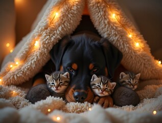 Naklejka premium A gentle Rottweiler lovingly babysits a group of playful kittens inside a cozy blanket fort, surrounded by soft pillows and warm fairy lights, creating an adorable and heartwarming atmosphere