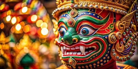 Fototapeta premium Majestic Thai Hua Khon Mask: Close-up with Shallow Depth of Field, Rich Detail, Vibrant Colors