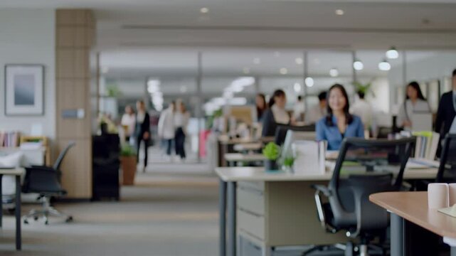 hyperlapse office scene Blur: A blurred background of a office with people walking, perfect for office and coworking themes.