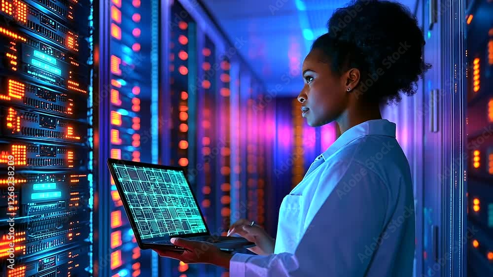 Poster experienced it specialist diagnosing cybersecurity challenges in a high-tech server environment.