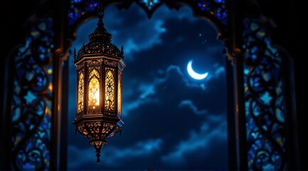 A glowing fanous lantern hangs near a window under the night sky.