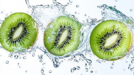 Sliced kiwi fruit suspended in the air, surrounded by vibrant water splashes, on a plain white background with ample copy space.