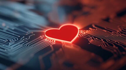 Red glowing heart symbol on computer motherboard representing digital love artificial intelligence emotional connection and human machine relationship in futuristic technology