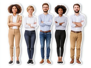 Fototapeta premium Diverse business team of men and women in smart casual outfits standing together against white background symbolizing teamwork inclusivity and professional collaboration